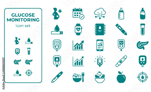 Glucose Monitoring Gestational-Diabetes Blood-Sugar Glucose-Test Sugar-Levels Diabetes-Tracking Pregnancy-Glucose Vector Icon Set - Glucose Track