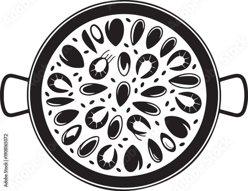 Stylized Illustration of Seafood Paella in a Pan, Top View, Minimalist Black and White