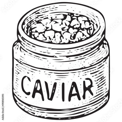 Vintage Caviar Jar Engraving Retro Luxury Seafood Gourmet Illustration Antique Woodcut Line Art