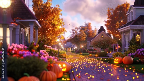 Charming autumn street scene with vibrant foliage, glowing pumpkins, and festive decorations in a serene neighborhood setting