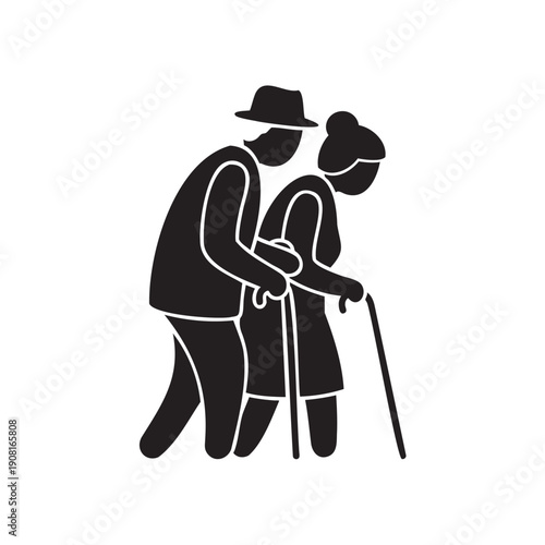 Elderly couple walking together with cane and support isolated illustration