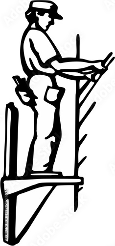 A construction worker in silhouette stands on a scaffolding platform high above the ground