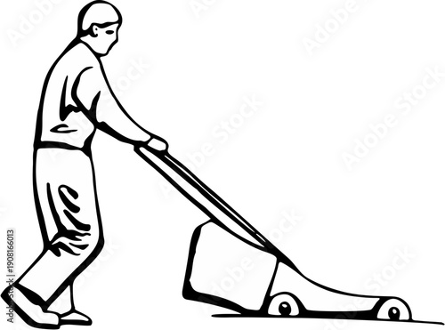 A man pushing a lawn mower across a lawn in silhouette mode