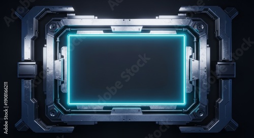 Futuristic SciFi Display Screen With Blue Neon Light In Dark Room