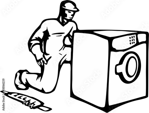 A man in a hard hat kneels next to a washing machine with a screwdriver