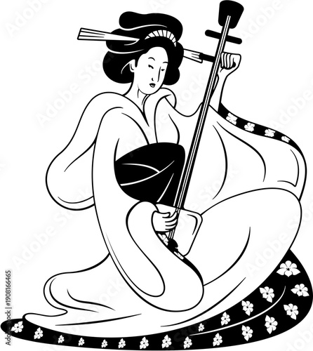 A woman in traditional Japanese clothing plays a musical instrument in silhouette mode
