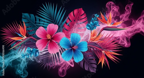 Vibrant tropical floral arrangement featuring exotic blooms and lush foliage surrounded by colored mist