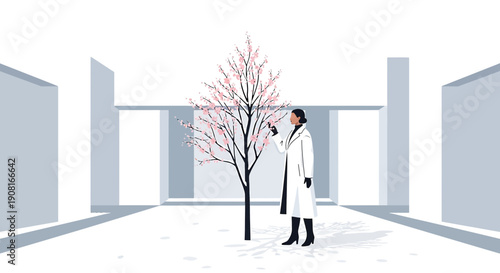 Woman in Winter Coat Admiring Blooming Cherry Tree in Snowy Courtyard