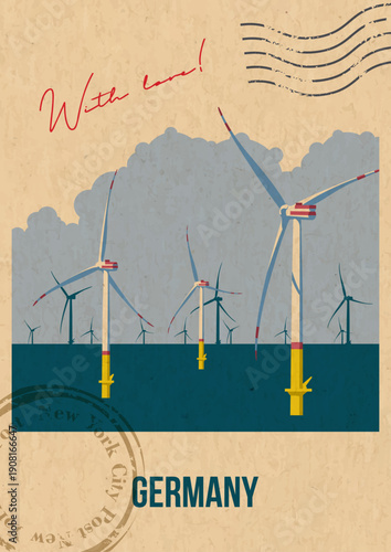Germany Wind Farm Attraction Postcard, Offshore Wind Power Popular Place Illustration, Vector Template Retro Style Greeting Card. Vintage Colors, Aged Paper Texture