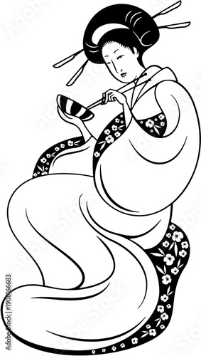 A traditional Japanese geisha in a serene silhouette pose, sipping tea