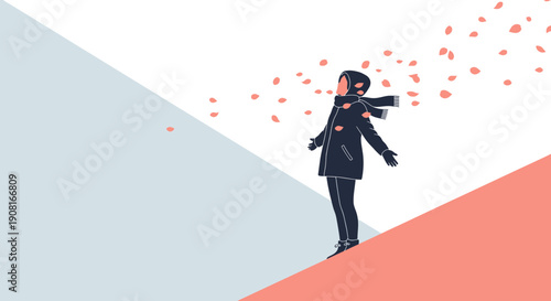 Woman in Winter Coat Enjoying Falling Petals