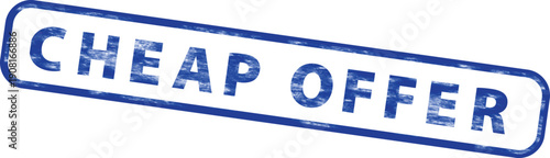 Blue rubber stamp with 'CHEAP OFFER' text, vector illustration for marketing or advertising, overlay effect, for banner or poster, Isolated on transparent background, png
