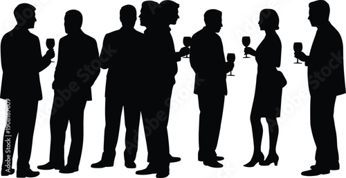 Business networking party silhouette illustration with professionals holding wine glasses socializing at corporate event isolated on white background