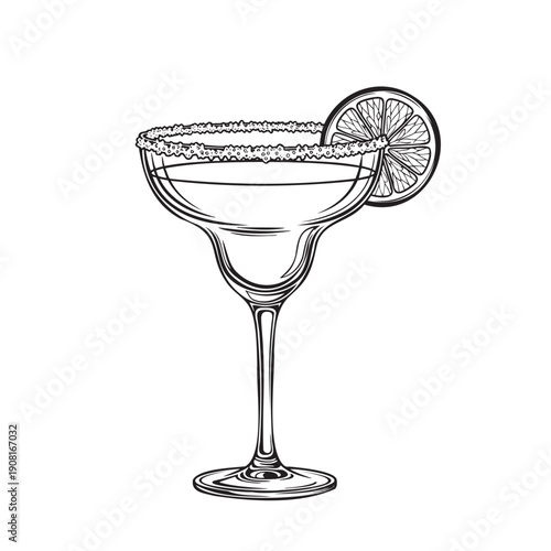 Illustration of a classic margarita glass with lime slice and salt rim