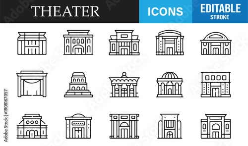 Entertainment venue theater minimal line icons editable vector set