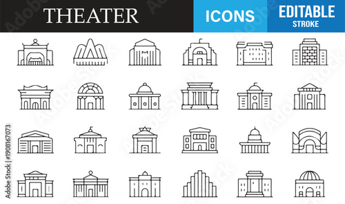 Cultural theater and cinema architecture outline icon collection