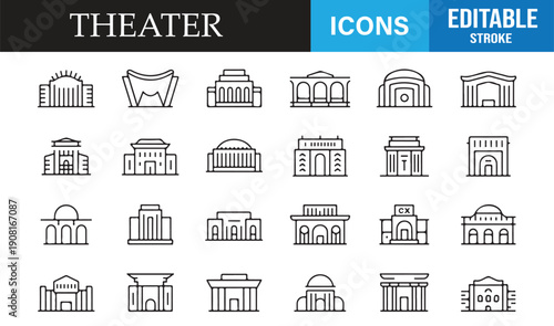 Performing arts theater building line icons editable stroke set