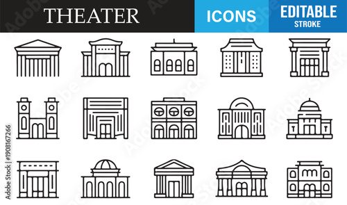 Theater building outline icons editable stroke entertainment architecture vector set