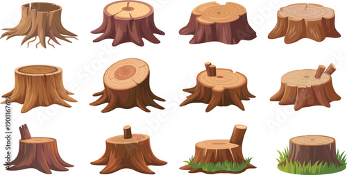 Collection of tree stump illustrations in different shapes and styles, wooden cut logs, nature elements, forest, cartoon flat design set