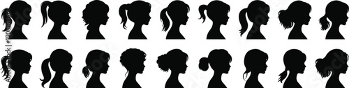 Female head silhouette collection showing women profile hairstyles ponytail bun and curly hair isolated on white background illustration