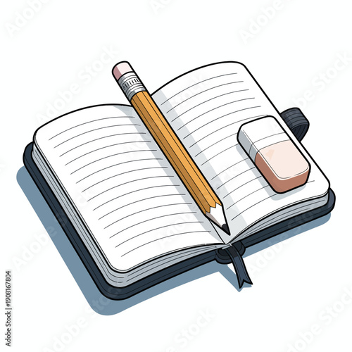 An open notebook lies on a surface with a pencil and eraser placed on top.