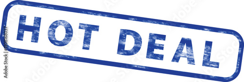 Distressed blue rubber stamp with 'HOT DEAL' text, overlay effect for mockup or marketing material, Isolated on transparent background, png