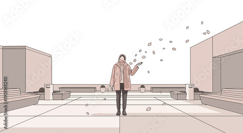 Woman in Beige Coat Releasing Petals in Minimalist Outdoor Setting