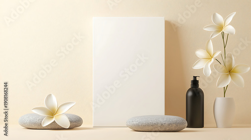 Minimalist spa setup featuring blank canvas, smooth stones, black bottle, and elegant flowers, creating serene atmosphere for relaxation