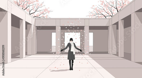 Woman in Coat and Scarf Enjoying Falling Petals in Modern Courtyard