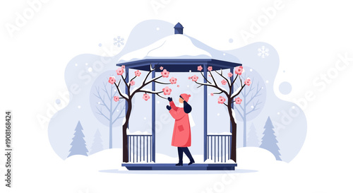 Woman in Gazebo Admiring Winter Blossom and Snowfall