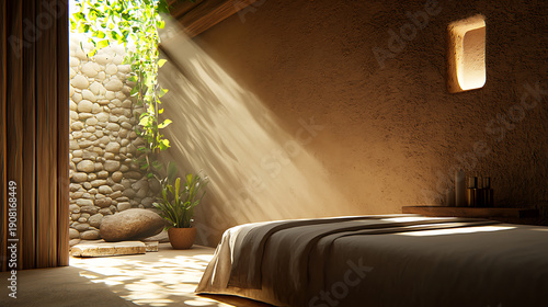 Serene spa room featuring natural light, stone walls, and comfortable bed, creating tranquil atmosphere for relaxation and rejuvenation