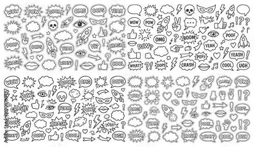 Doodle smiley faces hearts rainbows music notes and arrows collection fun hand drawn elements for creative projects 