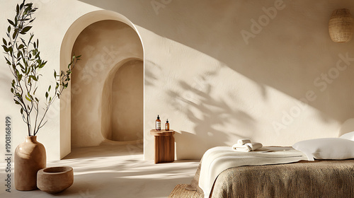 Serene spa interior featuring natural materials, soft lighting, and calming atmosphere, perfect for relaxation and rejuvenation