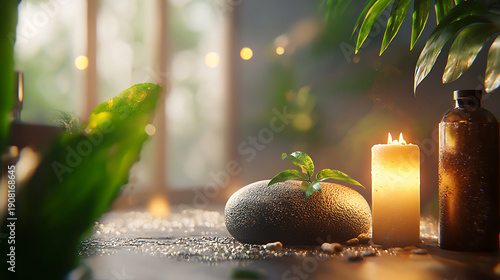 Serene spa setting featuring smooth stone, lit candle, and essential oil bottle, creating calming atmosphere for relaxation and rejuvenation