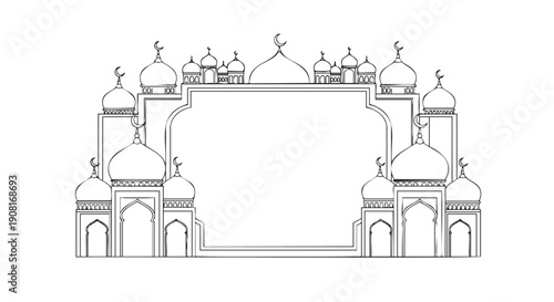 Islamic mosque architectural frame design with domes and arches isolated