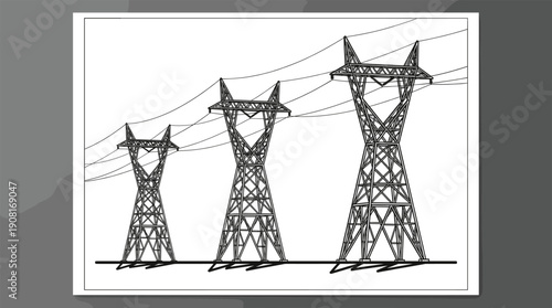 Black and white vector illustration of high voltage electric power transmission towers and overhead utility lines for energy distribution isolated