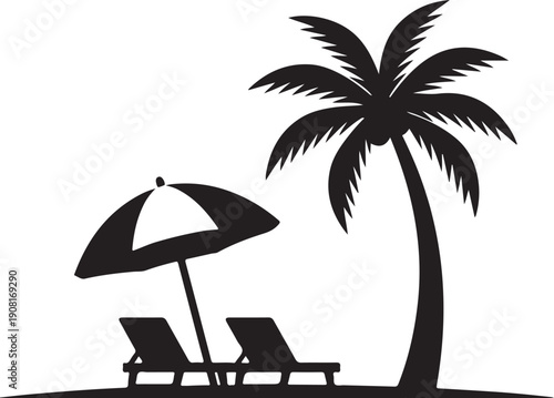 A serene black silhouette of a tropical beach scene with a palm tree, umbrella, and chairs
