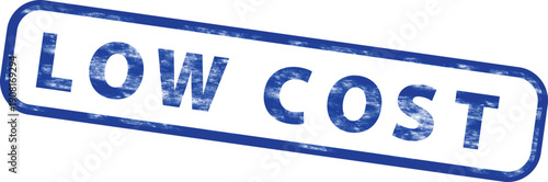 Distressed blue rubber stamp with 'LOW COST' text, for mockup or overlay effect, Isolated on transparent background, png