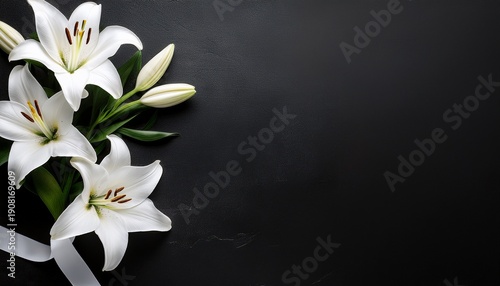 white lilies and ribbon on black table flat lay with space for text funeral symbols funeral flowers grief death loss ceremony floral sadness cemetery mourning dead