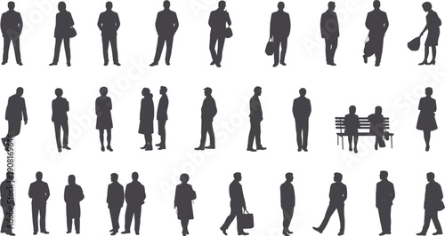 Large set of people silhouettes showing men and women walking, standing, sitting, and carrying bags for urban lifestyle, city crowd, and daily activity design concepts