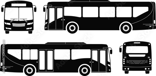 Modern, city, bus, silhouette, collection, multiple, views, public, transport, vehicle, isolated, on, white, background, urban, transit, vector, illustration, design, set