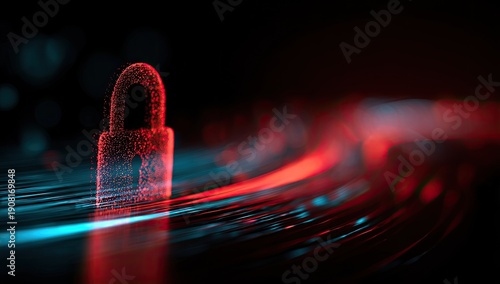 Glowing digital padlock symbol with abstract red and blue light trails against a black backdrop