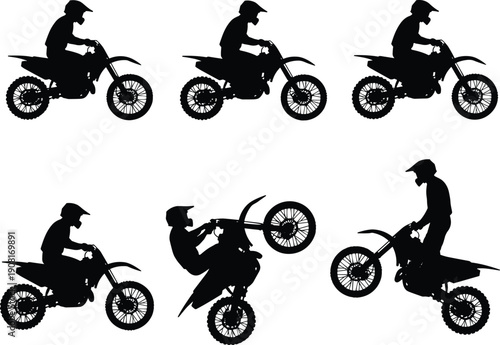 Motocross, rider, silhouettes, dirt, bike, action, stunt, extreme, sport, motorcycle, racing, speed, offroad, adventure, vector, illustration, black, isolated, white, background
