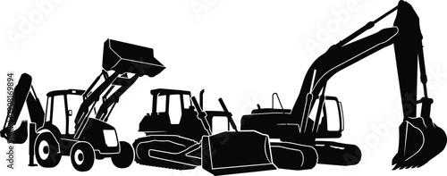 Black silhouette collection of heavy construction machinery including excavator, bulldozer, backhoe loader, and earth moving equipment isolated on a white background for industrial design