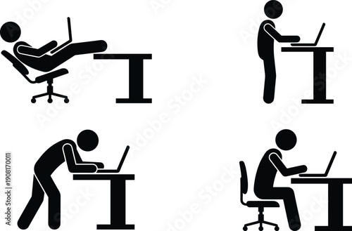 Office posture ergonomics silhouettes, incorrect and correct laptop working positions showing seated, standing, leaning habits for workplace health awareness