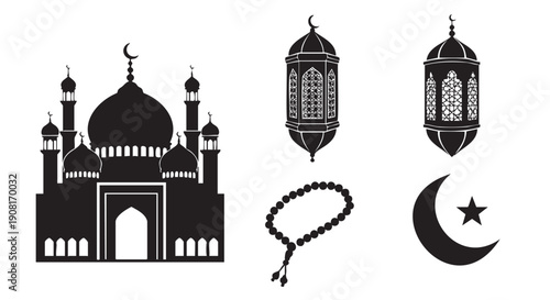 Islamic religious symbols and mosque illustration with prayer beads and lanterns