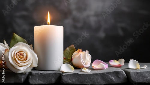 white candle with a rose and flower petals on grey stone panoramic background with copy space funeral services web banner funeral flowers grief death loss ceremony floral sadness cemetery mourning dea