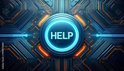 glowing help button on futuristic circuit board