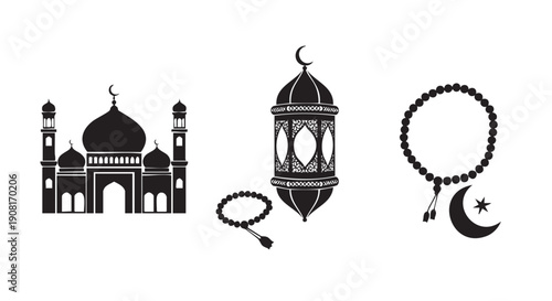 Islamic religious symbols and mosque illustration isolated design