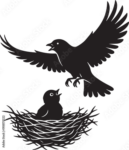 A parent bird in flight approaching its hungry chick nestled in a cozy bird nest